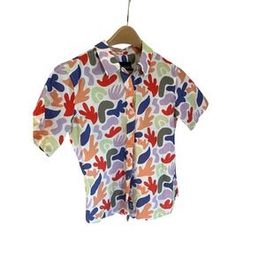 Wildfang Abstract Print Short Sleeve Button Down Shirt Colorful XS Camp Collar